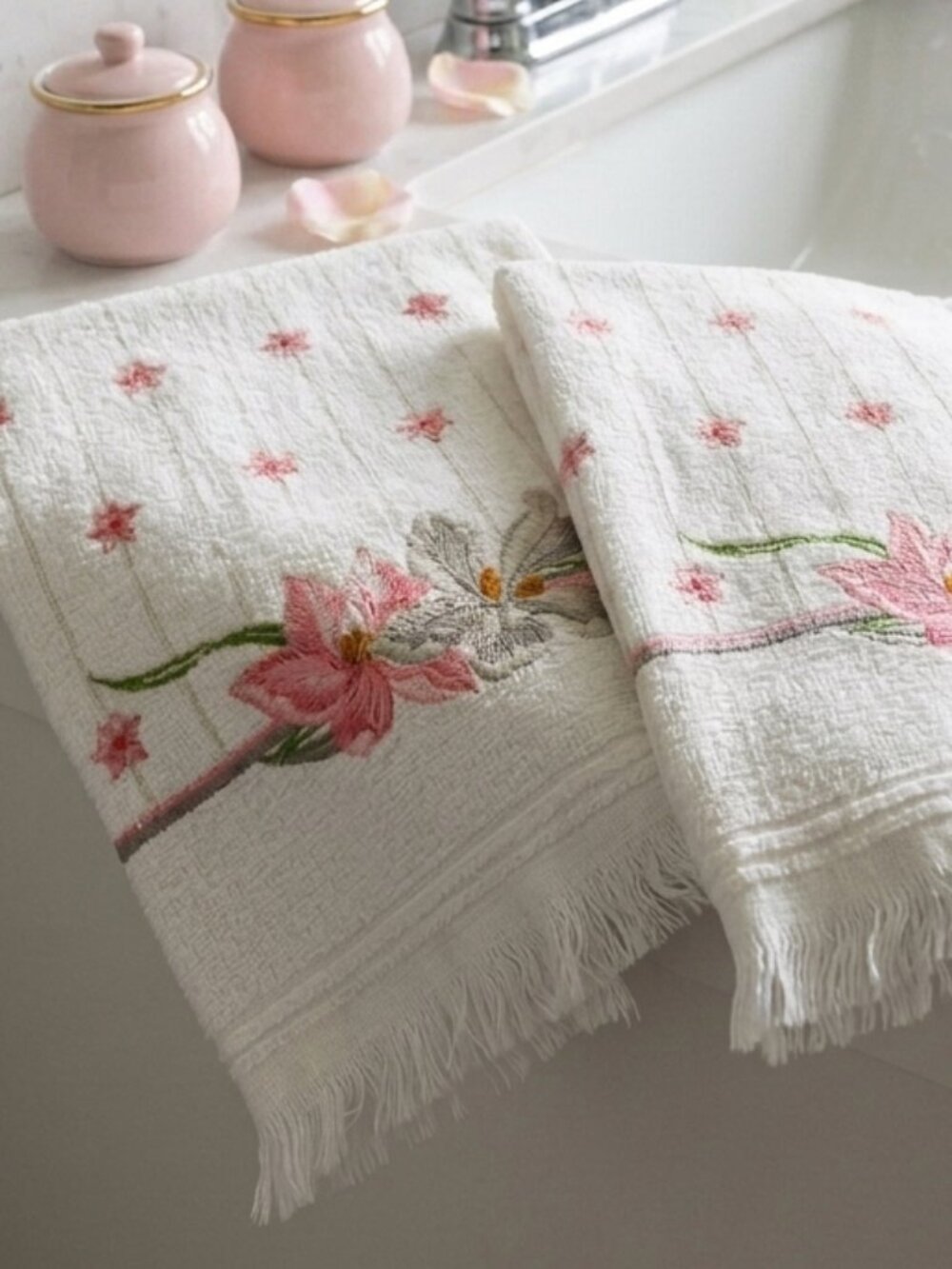 2 Vintage White and Pink Floral Bathroom Hand Towels 24 x 16 in
